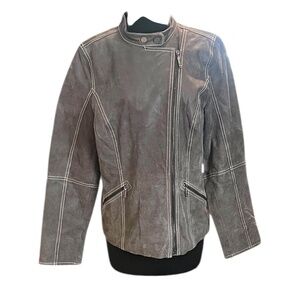 Bradley Bayou Women's Leather  Moto Jacket Dark Gray White Stitch,‎ Size Med
